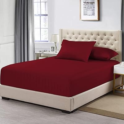 Drap de lit simple rayé en coton satiné bordeaux, 300 fils uniquement, draps