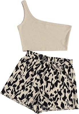 Ensemble deux pièces haut court et short asymétrique épaule dénudée pour femme