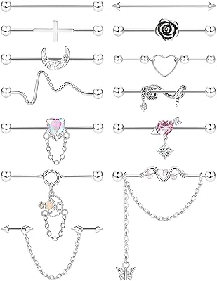 13 pièces bijoux de piercing industriels en acier chirurgical 14g boucles d'oreilles artificielles