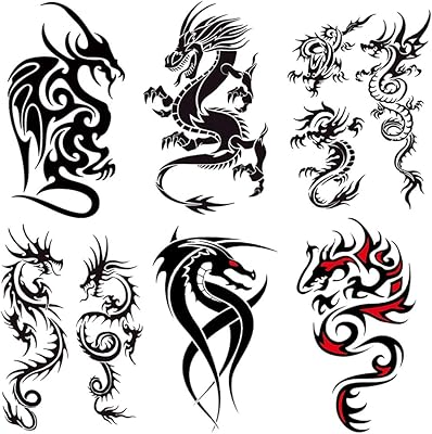 Autocollants de tatouage temporaires de dragon pour femmes, hommes et filles, 6 feuilles