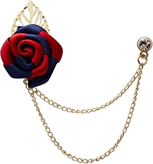 Épinglette roses rouges et bleues avec feuille d'or et chaîne suspendue, métal