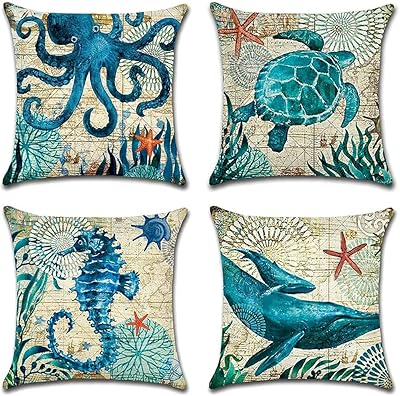 Housses de coussin imperméables à motif de vie marine bleue alykdon pour extérieur