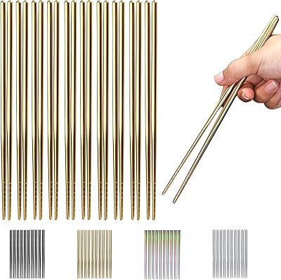 10 paires de baguettes réutilisables en métal en acier inoxydable plaqué or
