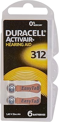 Piles auditives duracell easytab/active type 312, zinc air p312 pr41 zl3, paquet