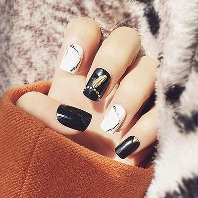 Faux ongles carrés courts geewiki à couverture complète, noir et blanc brillant