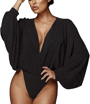 Combinaison ample plissée à manches longues et col en v pour femme