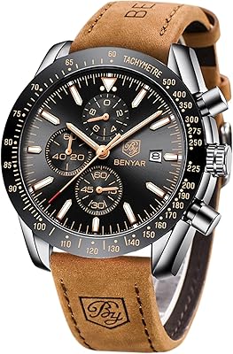 Montre chronographe à quartz beniar pour homme avec bracelet en cuir marron, montre-bracelet