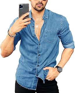 Chemise en jean boutonnée décontractée à manches longues pour hommes, coupe régulière, chemise