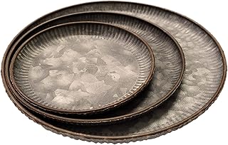 3 plateaux ronds en métal galvanisé en fer antique avec bords de couleur