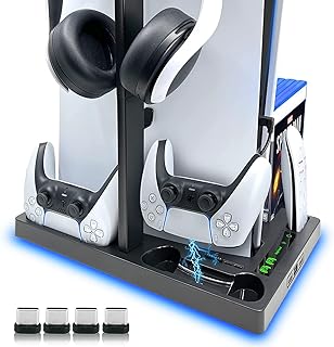 Compatible avec support vertical ps5 avec ventilateur de refroidissement et chargeur double manette - voyants lumineux et 15 emplacements de jeu, refroidissement rapide via base métallique, manette ps5. Diaytar Sénégal : Simplicité, rapidité, économie