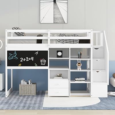 Lit mezzanine double avec bureau coulissant et étagères de rangement lit en bois