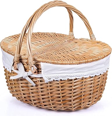 Panier de pique-nique en osier avec couvercle et poignée, panier d'étude en saule