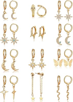 12 paires de boucles d'oreilles créoles esthétiques avec petites breloques pendantes pour femme
