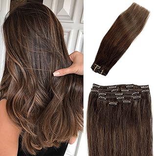 Extensions de cheveux à clips marron surlignés vrais humains clips 15 pouces courts