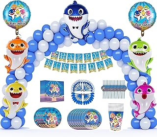 Accessoires de fête et décorations d'anniversaire avec motif baby shark, taille 9 pouces, assiettes, tasses, serviettes, couteaux, cuillères, fourchettes de 7 pouces et ballons de la famille baby shark pour soirées sur le thème des requins. Diaytar : La révolution discount est en marche