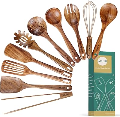 Ustensiles de cuisine en bois pour la cuisine, ustensiles en bois antiadhésifs, cuillères en bois de teck naturel pour la cuisine, ensemble d'ustensiles de cuisine, ensemble d'ustensiles de cuisine en bois avec cuillère et louche (10). Diaytar : Faites des achats intelligents en quelques clics