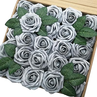 J.résine fleurs artificielles 25 pièces roses artificielles argentées et grises avec tige