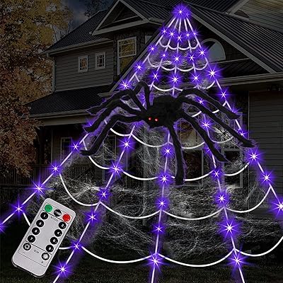 Décorations d'extérieur en toile d'araignée pour halloween 125 led violettes éclairant une géante