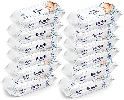 Lingettes pour bébé bumble water, 60 lingettes, paquet de 12