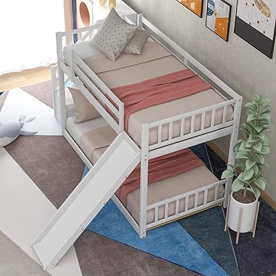 Lit superposé double lipfan avec toboggan et échelle convertibles, cadre de lit superposé