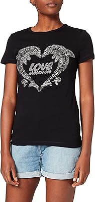 T-shirt slim à manches courtes pour femme love moschino, personnalisé avec des dauphins et un logo hotfix 3d boutons argentés. Diaytar : Acheter moins cher n'a jamais été aussi facile