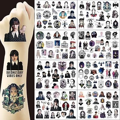 Mercredi addams tatouages ​​temporaires pour enfants 8 feuilles dessin animé mercredi film thème