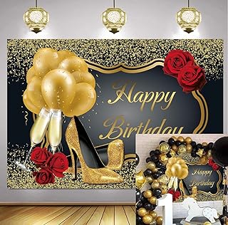 Kastwave joyeux anniversaire bannière fond paillettes or rouge rose rose ballons dorés talons