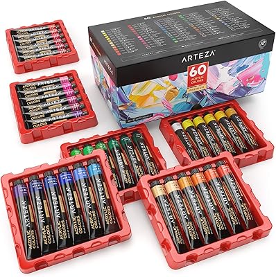Peinture acrylique arteza, ensemble de 60 couleurs/tube (22 ml, 0,82 oz) avec boîte