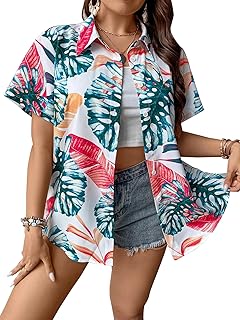 Chemise hawaïenne pour femme, t-shirt boutonné imprimé feuilles tropicales, chemisier hawaïen à manches