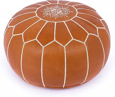 Repose-pieds en cuir fait main maison marrakech marron marrakech avec coutures blanches non