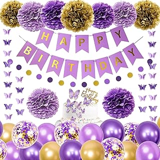 Décorations d'anniversaire violettes pour femmes et filles, guirlande suspendue de papillons joyeux anniversaire