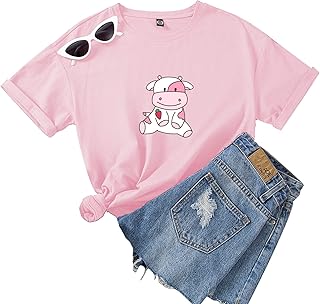 Kevichi t-shirt mignon imprimé vache aux fraises pour adolescentes, t-shirt en coton à