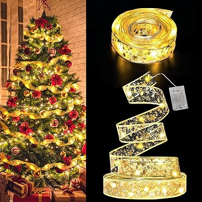 Guirlande lumineuse de noël dorée de 16 pieds pour arbre de noël, ruban