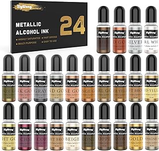 Ensemble d'encres à alcool métallique - 24 couleurs métalliques à base d'alcool, résine époxy à paillettes mélangées, pigment de couleur idéal pour boîte de pétri en résine, yupo, tasse pour la peinture et la fabrication de tasses (10 ml chacune). Diaytar : Quand qualité rime avec économie