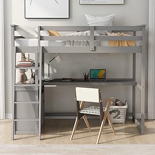 Lit mezzanine double lepfan avec bureau, cadre de lit mezzanine en bois