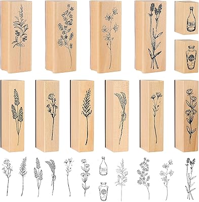 Metori 12 pièces ensemble de tampons en caoutchouc en bois vintage décoratifs plantes