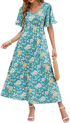Robe de plage bohème d'été à col en v, imprimé floral, manches courtes