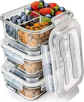Récipients de préparation de repas en verre à 3 sections - récipients
