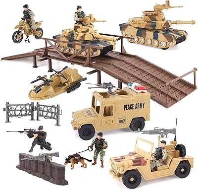 Ensemble de jouets militaires de 42 pièces avec grands chars, bateau, moto, camions