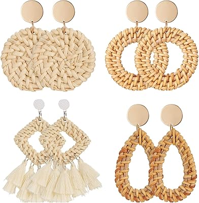 Boucles d'oreilles légères en rotin de style bohème tissé géométrique, 4 paires faites