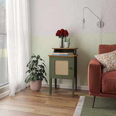 Table d'appoint artley charlotte avec porte et bambou peint en 3d, vert clair/chêne