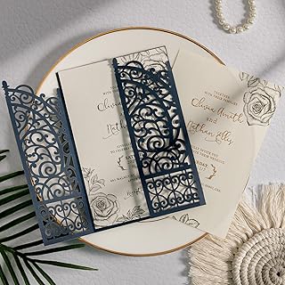 Ensembles de cartes d'invitation de mariage rustiques bleu marine découpées au laser