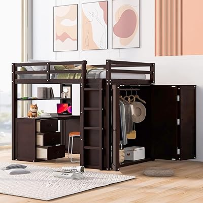 Lit mezzanine pleine grandeur mirax pour adultes, structure en bois avec bureau