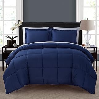 Parure de lit réversible king size bleu marine et gris contrasté 7 pièces