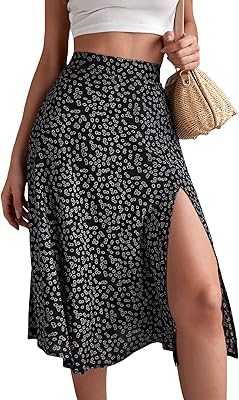 Jupe mi-longue trapèze fendue taille haute pour femme