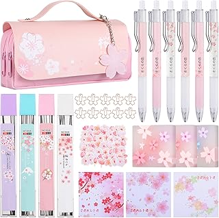 Ensemble de papeterie kawaii en fleurs de cerisier 74 pièces, trousse à crayons