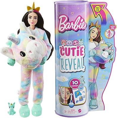 Poupée barbie cutie reveal fantasy series avec tenue de licorne en peluche