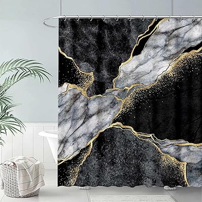 Rideau de douche en marbre avec 12 crochets, polyester imperméable, motif abstrait gris