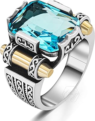 Bague turque en argent sterling 925 avec pierre aigue-marine pour homme, métal, aigue-marine