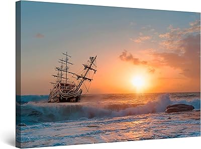 Art mural sur toile startonite - grand bateau au coucher du soleil